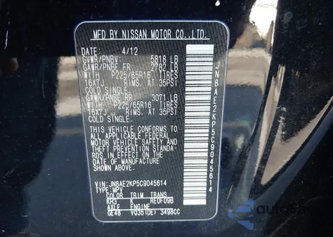 2012 Nissan Quest Sv z USA, uszkodzony, nr VIN JN8AE2KP5C9045614